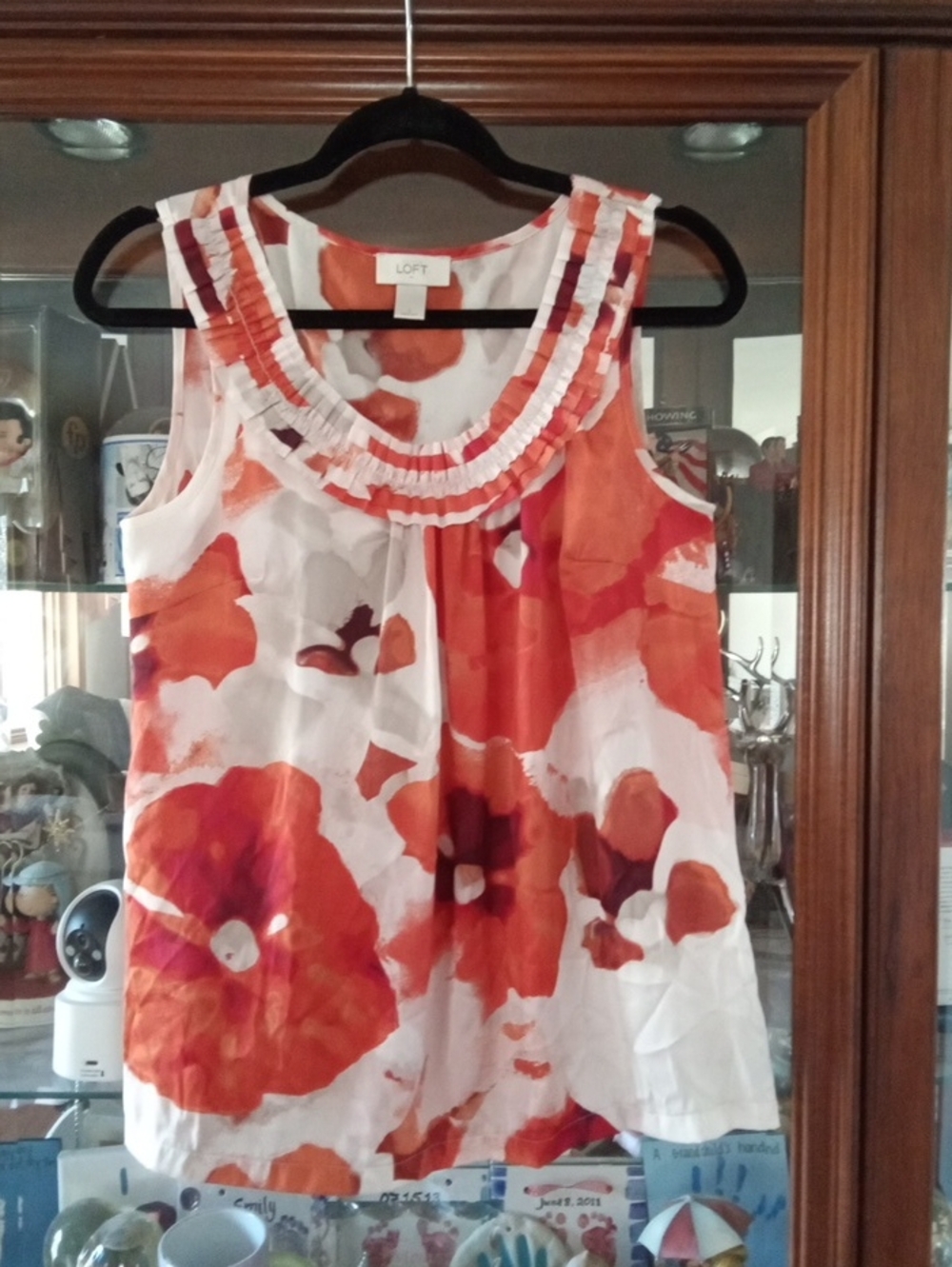 LOFT White and Orange Floral Ruffled Neck Tank